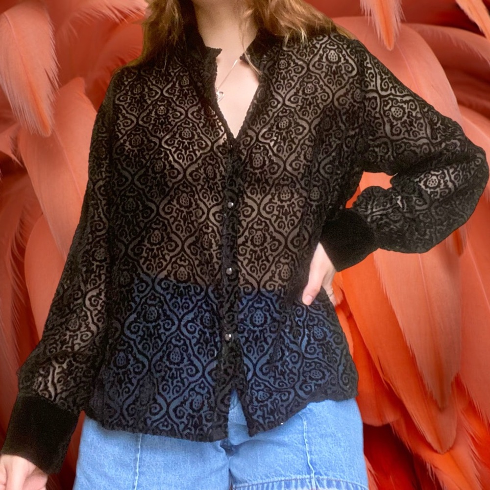 Vintage Black Sexy Button Up Blouse Size L